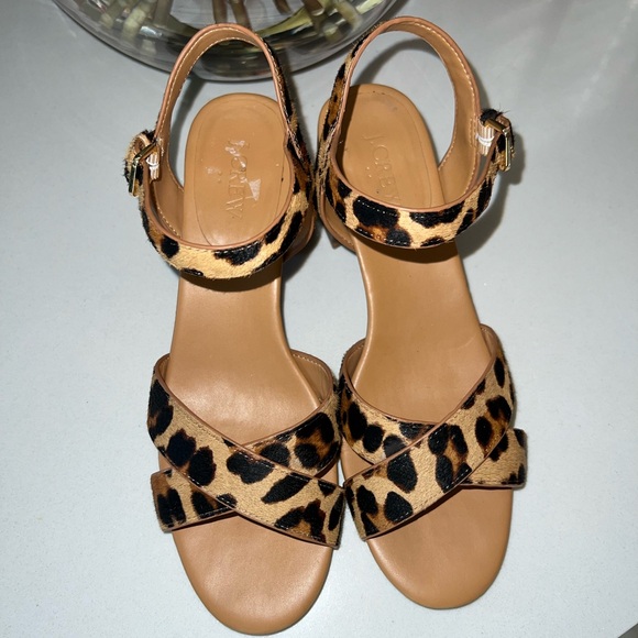 J. Crew Leopard Calf Hair Low Block Heel Sandals, Size 8.5 - Picture 2 of 7